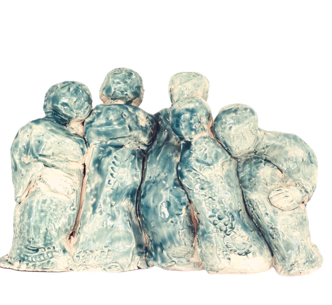 Group of turquoise glazed ceramic figures standing closely together